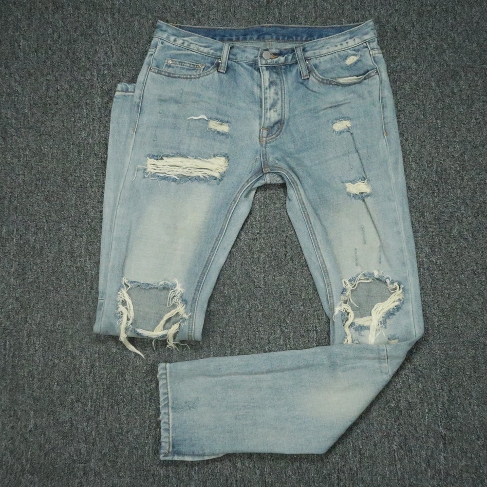 Mnml‎ Jeans Mens 33x34 Blue Distressed Ripped Button Fly Ankle Zip Denim